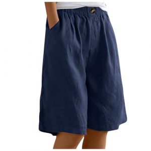 Short en lin pour femme - Longueur genou - Bermuda - Taille &eacute;lastique - Short d'&eacute;t&eacute; baggy droit - Jambe large - Short de plage d&eacute;contract&eacute; avec poches (Ji1QingzhEN, neuf)