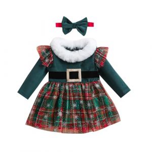Caziffer Ensemble de No&euml;l B&eacute;b&eacute; Fille D&eacute;guisement No&euml;l Robe &agrave; Manches Longues + Chapeau D&eacute;guisement de No&euml;l en Peluche pour B&eacute;b&eacute; Fille 12 Mois-5 Ans (Arm&eacute;e verte, 6-12 Months) (baixia, neuf)