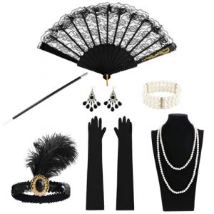VINEST Lot de 7 costumes des années 20 pour femme, avec porte-cigarette, costume mafia noir, accessoires Gatsby Great Gatsby pour femme, pour fête à thème des années 1920 (Yieng, neuf)