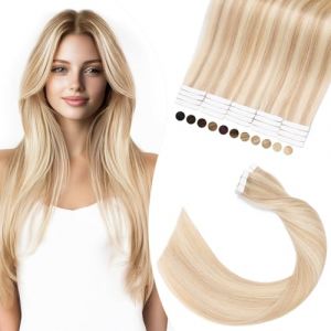 Elailite Extension Bande Adhesive Cheveux Naturel 20 Pcs 30cm Tape - Rajout Vrai Cheveux Humain Lisse Pose à Froid 30g #18+613 SABLE BLOND MECHE BLOND CLAIR (Naughty Fashion Mode, neuf)