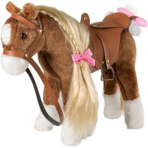 BEJOY Jouet de cheval en peluche, cheval, combattant, avec selle, bride et chiffon en coton, cadeau pour filles et enfants, 28 cm, marron (BEJOY GLOBAL, neuf)