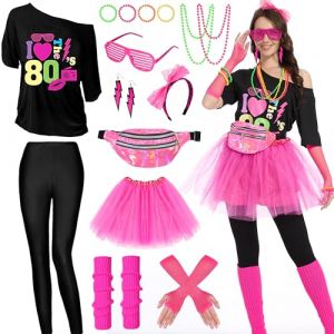 Aragallant Déguisement Années 80 Femme, T-shirt Année 80, Vêtements Années 80 avec Jupe Tutu, Jambières, Bandeau, Colliers, Gants Résille, Disco Fête Néon Costume Adulte pour Carnaval (Noir, M) (Aragallant Etrade, neuf)