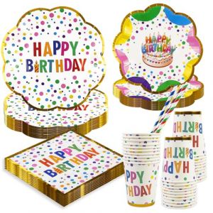 BOKFJBP Ensemble de Vaisselle en Papier pour F&ecirc;te d'Anniversaire 50 Pi&egrave;ces Happy Birthday Motif &agrave; Pois Multicolore Papier D&eacute;licat Assiettes Color&eacute;es Serviettes Tasses en Paille pour Enfants Adultes (Bamboo industry, neuf)