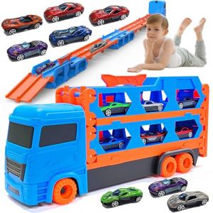 YADODO Camion Transporteur Voiture pour Gar&ccedil;ons de 3 4 5 6 Ans, 165cm Portable Pliable Camion Voiture Enfant avec &Eacute;jection Piste Course et 8 Petites Voitures Jouet pour Gar&ccedil;ons Filles Cadeau (Bleu) (YADODO, neuf)