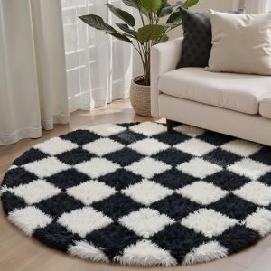 HUGEAR Tapis Shaggy Rond 150cm Damier Tapi Doux Noir Blanc Antid&eacute;rapant Moderne Descente de lit Chambre Adulte Fille Enfant Salon Cuisine Decoration Chambrel (RONGBEN, neuf)