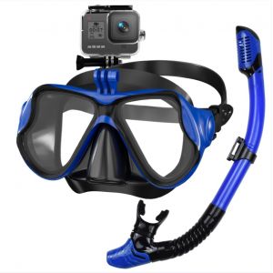 Shyllin Masque Plongée Adulte, Masque Tuba Snorkeling avec Support de Caméra, tuba frontal natation, Lunettes de Plongée Panoramiques Anti-Buée Étanche en Verre Trempé et Tuba Respiration Sèche (Bleu) (XFJIN243, neuf)