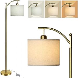 Depuly Lampadaire Arc avec 3 températures de couleur, lampe de lecture moderne avec ampoule LED 8W, lampadaire haut poteau avec abat-jour en lin pour salon, chambre à coucher, or avec gris (Vance Europe, neuf)