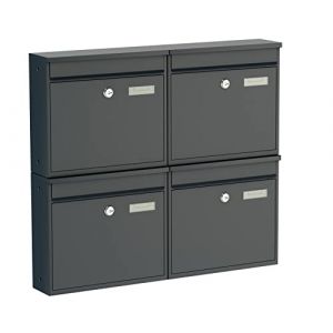 BASI Lot de 4 bo&icirc;tes aux lettres murales en acier - Couleur : anthracite mat - Avec plaque nominative - Serrure &agrave; cylindre avec 2 cl&eacute;s - Mat&eacute;riel de fixation - Syst&egrave;me de bo&icirc;te aux lettres - Lot de 4 (BASI GmbH, neuf)