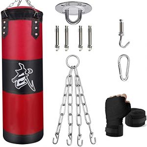 ZERUIDM Sacs de Frappe Kit, Sac de Boxe 100cm Non-Rempli pour Enfan Adultes avec Bandage de Boxe, chaînes et Crochet, Formation pour Kickboxing MMA Muay Thai Karate Taekwondo Punching Bag (Zerui, neuf)