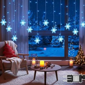 PLODAXE Rideau lumineux Flocons de neige 1,8 m 94 LED Guirlande lumineuse Fenêtre Intérieur Noël avec minuterie 8 modes Fonction mémoire, rideau lumineux Connectable IP44 pour extérieur Balcon (Bleu) (AREDA, neuf)