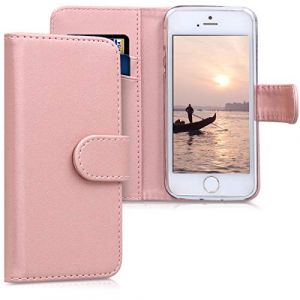 kwmobile Étui à Rabat Compatible avec Apple iPhone SE (1.Gen 2016) / iPhone 5 / iPhone 5S - Coque à Rabat Simili Cuir avec Compartiment Cartes Support Or Rose (SX-Commerce, neuf)