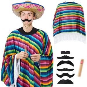 Hicarer 3 Pièces Costumes de Carnaval Mexicain avec Poncho Fiesta Serape Coloré Moustaches Festives Faux Cigare pour Hommes et Femmes Adultes Fête de Déguisement Mexicain de Cosplay (Couleur vive) (KeerGeroge, neuf)