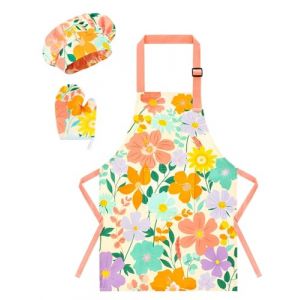 WERNNSAI Fleurs Tablier Ensemble pour Filles - Imperm&eacute;ables Tablier de Cuisine Enfants R&eacute;glable avec Chapeau, Gant de Cuisine pour Enfant Peinture Jardinage (Petit,6-10 Ans) (Nuoly, neuf)
