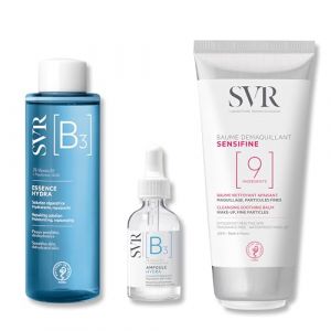 SVR - Pack Soins Visage Peaux Sensibles &ndash; Baume D&eacute;maquillant Sensifine + Essence Hydra B3 + Ampoule Hydra B3 &ndash; Nettoyage Doux, Hydratation Intense & R&eacute;paration Barri&egrave;re Cutan&eacute;e (Laboratoire SVR, neuf)