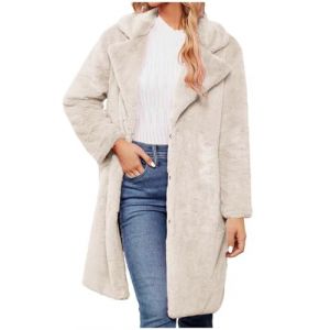 ORANDESIGNE Manteau d'hiver Femme Duveteux Polaire Revers Manches Longues Bouton Chaud Fausse Fourrure Vêtements D'extérieur Veste Sherpa Cardigan B Beige XL (Wowmart Zoo X., neuf)