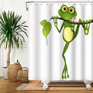 SDOTPMT 180x213cm Mignon Dessin anim&eacute; Grenouille Rideau de Douche Peu Grenouille sur Arbre Bifurquer Vert Feuilles &Eacute;t&eacute; Blanc Rideau de Baignoire pour Enfants Salle Bains Polyester avec Crochets (SDOTPMT, neuf)