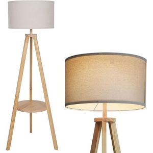 YU YUSING Lampadaire sur Pied Salon avec Étagère 157cm, Lampadaire Chambre Trépied, Lampe Salon Design avec Abat-jour en Lin Beige, Lampe Lecture Douille E27,Bois,Bureau Rétro(Sans Ampoule) (YuSing, neuf)