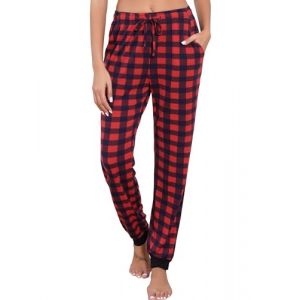 Vlazom Pantalon de pyjama Femme Bas de Pyjama &agrave; Carreaux avec Cordon de Serrage et Poches V&ecirc;tements de Nuit，C Rouge/Navy，M (Vlazom, neuf)