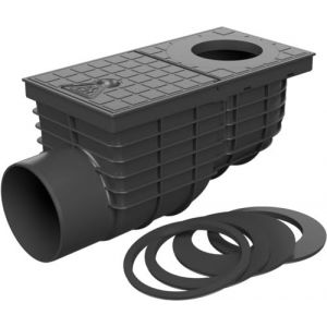 SaniVia Siphon de gouttière latéral D110 avec Siphon | Siphon de Tuyau de Pluie pour diamètre 75 à 125 mm | Hauteur de Construction Plate | Évacuation de Canal pour l'extérieur | avec Anneaux (HARKO s.r.o., neuf)