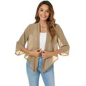 Famrrifuu Femme Bol&eacute;ro Court Gilet L&eacute;ger Manches 3/4 Bol&eacute;ro Cardigan &Eacute;l&eacute;gant Veste Courte Mousseline de Soie,Kaki,M (TengGD, neuf)