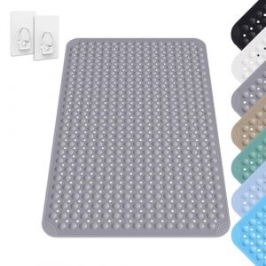 Tapis De Douche, 80 x 120 cm Tapis Antid&eacute;rapant avec Ventouses avec Trous D'&eacute;vacuation, Tapis Antid&eacute;rapant en PVC, Tapis de Douche Carr&eacute; Lavable, Lavable en Machine, pour Sauna, avec 2 Crochets, Gris (ARCPNRT Eur, neuf)