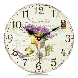 Lafocuse 30cm Horloge Murale Lavande Vintage Bois, Silencieuse Pendule Murale Floral Retro, Shabby Chic Rond D&eacute;co sans Tic-tac pour Salon Chambre Cuisine Bureau (QuareBest, neuf)