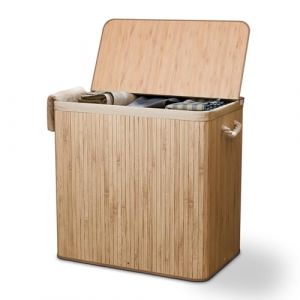 Juskys panier à linge en bambou Curly 150 L - Wäschesammler avec couvercle, poignées & sac en tissu - 3 compartiments tri linge - Naturel (Juskys Gruppe GmbH, neuf)