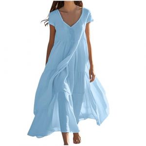 Femme Robe Boheme Chic Coton Lin Manches Longues/Manches Courtes Robe Col V Elegant Robes Swing D'éTé Plage DéContracté Maxi Robes Grande Taille Couleur Unie BohèMe Mi-Longue Dress (HAOLEI  FR, neuf)