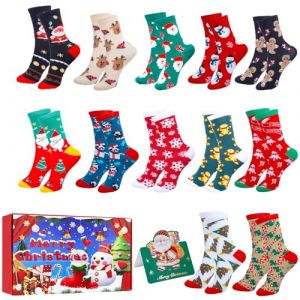 12 paires de Chaussettes de Noël pour Femmes et Hommes, Chaussettes Couces, Chaussettes de Noël, Motif de Noël Intéressant, Chaussettes en coton, Chaussettes de lit Chaudes d'hiver (LINGYEAL, neuf)