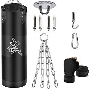 ZERUIDM Sacs de Frappe Kit, Sac de Boxe 100cm Non-Rempli pour Enfan Adultes avec Bandage de Boxe, chaînes et Crochet, Formation pour Kickboxing MMA Muay Thai Karate Taekwondo Punching Bag (Zerui, neuf)