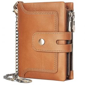 REETEE Portefeuille Homme en Cuir Véritable Blocage RFID Petit Porte Feuille Homme avec Chaîne, Bifold Porte Monnaie Homme 15 Porte Carte Crédit et 2 Poche Zippée, avec Boîte Cadeau (A-Brun) (REETEE, neuf)