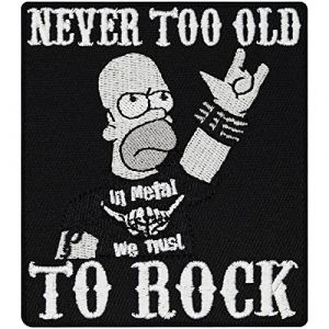 Patch &Eacute;cusson pour Heavy Metal & Biker Rockabilly Never to Old to Rocker - Thermocollant - En tissu - &Agrave; repasser - &Agrave; repasser - &Agrave; coudre soi-m&ecirc;me - Pour jeans - Homer Simpson - 90 x 80 cm (Aufn&auml;hershop, neuf)