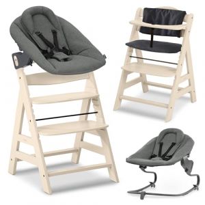 hauck Chaise Haute Bébé Alpha Plus Newborn Set Premium - Évolutive avec Transat Inclinable Extra Plat, Coussin d’Assise et Réducteur en Coton (Transat: gris foncé, Vanille) (babyartikel-de, neuf)