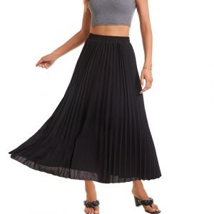 Yanhalo Jupe longue pliss&eacute;e &eacute;lastique &agrave; taille haute pour femme, jupe fluide, longueur cheville, jupe de plage, jupe maxi, style A-line, Noir , M (maiyanfang, neuf)