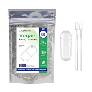 ATLEMISME G&eacute;lules Vides V&eacute;g&eacute;tales Taille 00 - Lot de 1000 avec 2 Cuill&egrave;res - Sans G&eacute;latine - G&eacute;lules Faciles &agrave; Remplir et &agrave; Dissoudre Rapidement - Id&eacute;ales pour Compl&eacute;ments Alimentaires et Poudres (ATLEMISME, neuf)