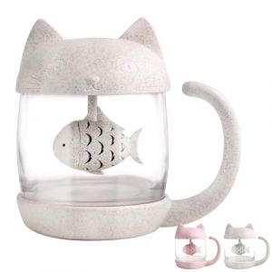 BigNoseDeer Tasse &agrave; th&eacute; en verre chat, bouteille d'eau avec infuseur &agrave; th&eacute; de poisson, passoire &agrave; th&eacute; en vrac 250ML (MengCat, neuf)