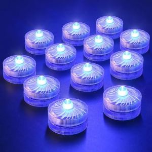 Bougies chauffe-plat à LED sans flamme, mini lumière sous-marine, 100 heures d'éclairage LED pour bassin, piscine, aquarium, vase, baignoire, spa, fête, festival (lot de 12, bleu) (HappinessLight, neuf)