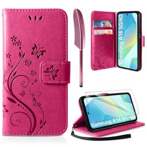 AROYI Coque Compatible avec Samsung Galaxy A16 5G / 4G, Retro Design PU Etui Housse en Cuir Portefeuille de Protection Fonction Stand Video Porte Carte Credit Ticket Flip Case Rose Rouge (TongJo, neuf)