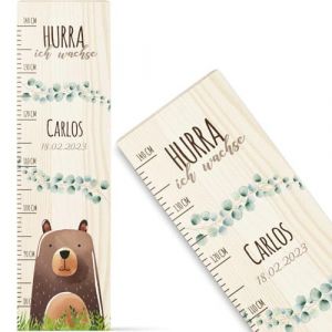 GRAVURZEILE Toise pour enfant en bois - Design ours - Avec nom pour chambre d'enfant - Échelle de 80 à 140 cm - Dimensions : 20 x 70 x 2 cm - Cadeau de naissance pour filles et garçons (GRAVURZEILE, neuf)