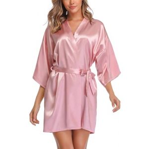 Wikoan Peignoir Court Femme Kimono Satin Robe de Chambre Sortie de Bain Mariée Demoiselle d'honneur Peignoir de Bain Robe de Nuit en Soie Rose Musquée M (Wikoan Direct, neuf)