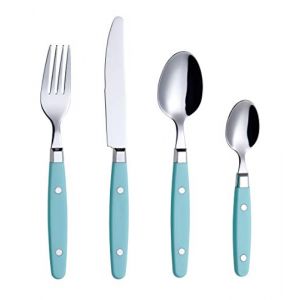 Exzact Couverts 24 pi&egrave;ces en INOX - avec poign&eacute;es Artisanales &agrave; Rivets/Couverts de Style r&eacute;tro - 6 x fourchettes, 6 x Couteaux, 6 x cuill&egrave;res de Table, 6 x cuill&egrave;res &agrave; th&eacute; (Turquoise) (Exerz, neuf)