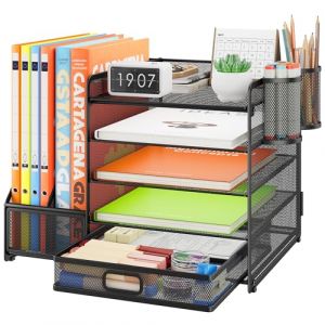 VITVITI Robuste Organisateur de Bureau avec Porte-Documents, 5 Niveaux - Porte-Lettres avec Tiroir et 2 Porte-Stylos - Compartiments de Rangement en Maille pour Fournitures de Bureau, Noir (VITVITI-EU, neuf)
