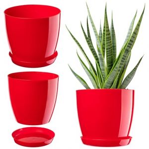 KADAX Élégant Pot de Fleurs, Pot à Plantes avec Soucoupe, Pot de Fleurs Rond, Pot de Fleurs en Plastique, Cache-Pot pour Fleurs, Pot de Fleurs Interieur Ø 14 cm Rouge (KADAX, neuf)