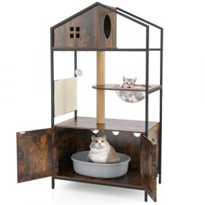 COSTWAY Meuble Litiere Chat, Tapis et Poteaux à Griffer en Sisal, Condo, Capsule, Cache Litiere Chat, 3 Trous Ventiles, Coussinets Réglables, Arbre a Chaton avec Litiere Intégrée, 80 x 48 x 150 cm (FDS GmbH, neuf)