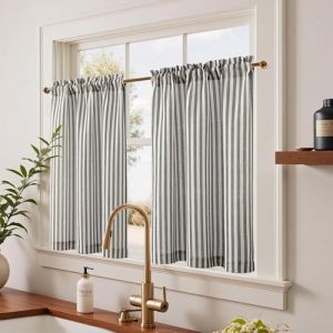 TOPICK Rideaux Cuisine Court Brise Bise Lin Moderne Placard &agrave; Rayures Noir sur Beige sous Evier de Fenetre 65 x 115 cm, 2 Panneaux Translucides, Rideau &agrave; Passe Tringle pour Salon Petit Fenetre Evier (Audrey Home Fashion, neuf)