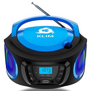 KLIM Boombox Poste Radio CD -Radio FM, Poste CD Bluetooth, MP3, USB, AUX - Piles Rechargeable Incluses - Modes Filaire et sans Fil - Compact et Robuste Lecteur CD Portable- Bleu (KLIM Technologies France, neuf)