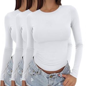 Lot de 3 t-shirts &agrave; manches longues pour femme - En coton - Maillot de corps pour femme - Col rond - Classique - Coupe ajust&eacute;e - Couleur unie - Pull tunique - Sous-v&ecirc;tements thermiques - Haut en (Wen007S, neuf)
