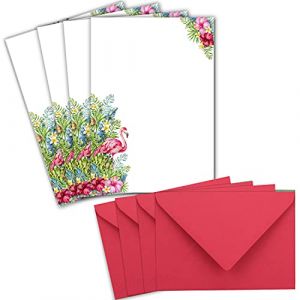 Lot de 50 feuilles de papier &agrave; lettre DIN A5 - Blanc avec motif flamant rose - Enveloppes DIN C6 imprimables - Id&eacute;al pour les invitations de mariage (Gl&uuml;xx-Agent GmbH, neuf)
