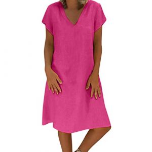 Robe d'&eacute;t&eacute; en lin pour femme - Grande taille - Col en V - Manches courtes - Mode ample - Longueur genou - Couleur unie - Robe tunique - Robe de plage l&eacute;g&egrave;re et confortable, Rose vif, XL (Kanpola (Magasin vieux de 10 ans), neuf)