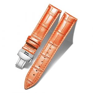 BINLUN Bracelet de Montre en Cuir Femme Homme 12mm-24mm Bracelet de Remplacement avec Boucle de D&eacute;ploiement Papillon Argent/Or/Or Rose(22mm Orange-Boucle Argent) (Prince Gera Flagship Store EU Store, neuf)